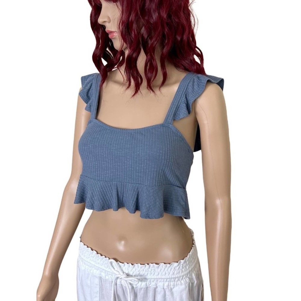 Urban Outfitters Womens Ribbed Crop Top Medium Dusty Blue Ruffle Strap Hem